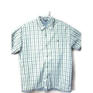 Tommy Hilfiger Mens LARGE Tan Black Checks & Stripes Denim Short Sleeve Shirt